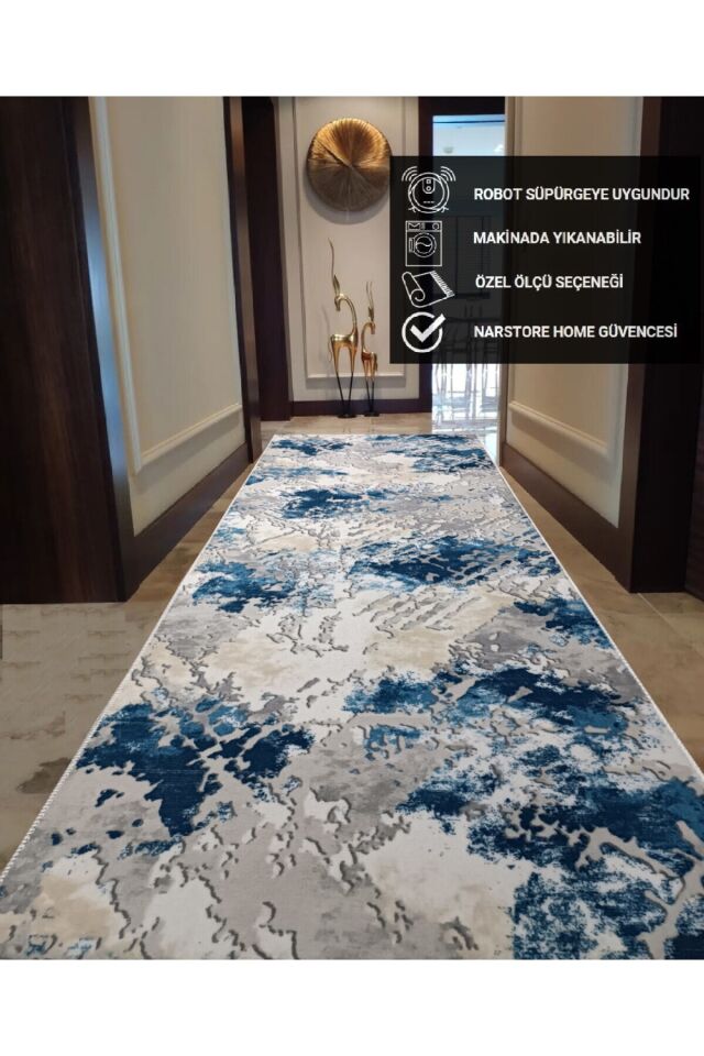 Kahve Gri Kaymaz Taban Yıkanabilir Kesme Yolluk Salon Mutfak Oturma Odası Halı Mavi̇ - 120 X 260