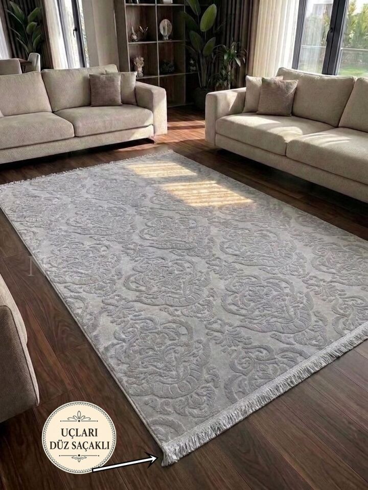 Rölyef Gri Joy Saçaklı Modern Yumuşak Kabartmalı Kaymaz Taban Kesme Halı Yolluk