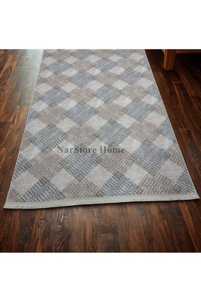 Geometrik Desen Saçaklı Kahverengi Krem Kaymaz Taban Yıkanabilir Kesme Yolluk Halı Kahverengi - 120 X 650