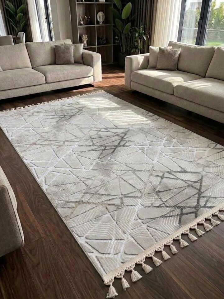 Dinar Mila Taş Gri Pon Pon Örgü Saçaklı Yıkanabilir Kaymaz Yolluk Halı Modern Desen 120 x 250 - GRİ