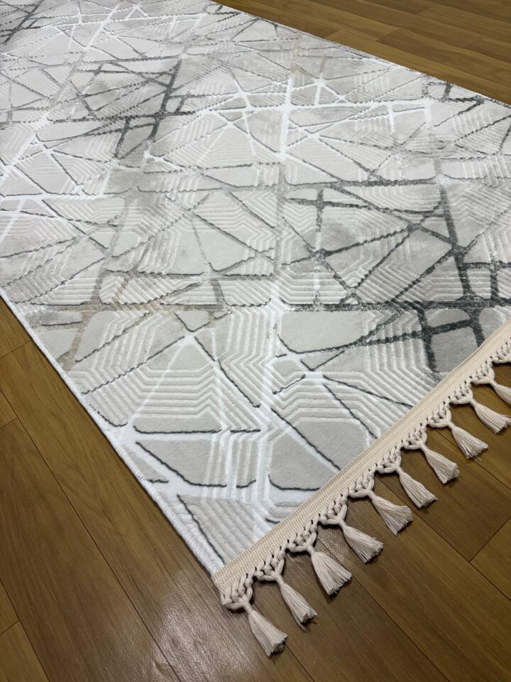 Dinar Mila Taş Gri Pon Pon Örgü Saçaklı Yıkanabilir Kaymaz Yolluk Halı Modern Desen 120 x 250 - GRİ