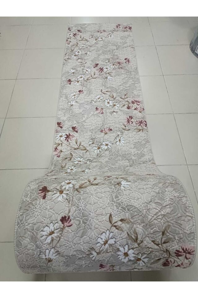 ELİT KABARTMALI KREM BEJ YIKANABİLİR KAYMAZ TABAN KESME YOLLUK HALI 80 x 560 - Pembe