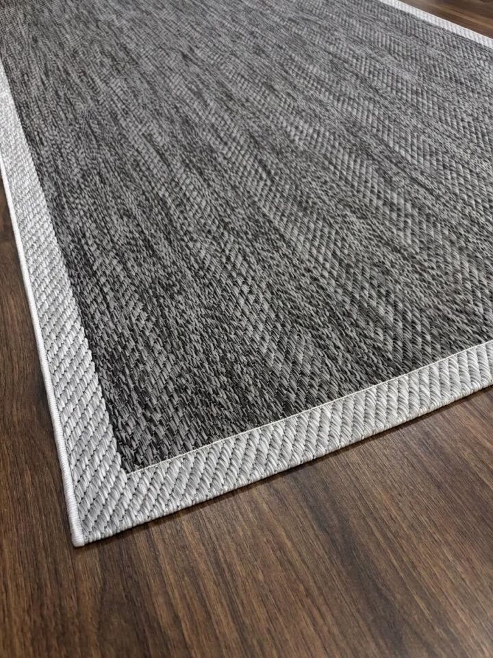 Sisal Jüt Hasır Bordürlü Model Yıkanabilir Dokuma Toz Vermez Halı Gri-Antrasit - 120 x 180