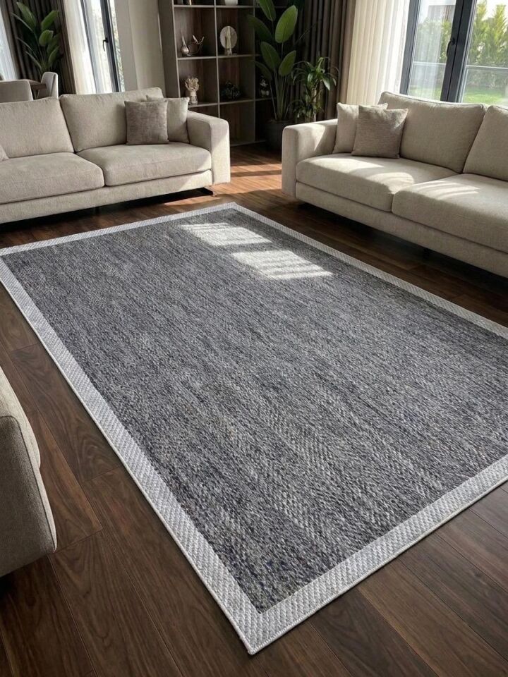 Sisal Jüt Hasır Bordürlü Model Yıkanabilir Dokuma Toz Vermez Halı Gri-Antrasit - 160 x 230