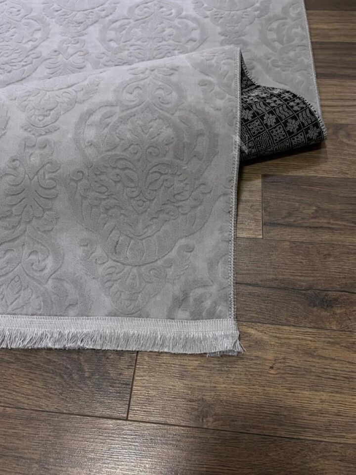Rölyef Gri Joy Saçaklı Modern Yumuşak Kabartmalı Kaymaz Taban Kesme Halı Yolluk 80 x 325 - GRİ