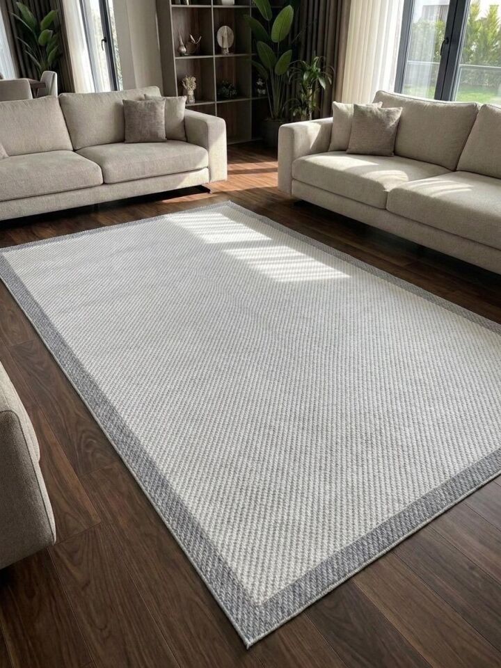 Sisal Jüt Hasır Bordürlü Model Yıkanabilir Dokuma Toz Vermez Halı 80 x 150 - Beyaz-Gri