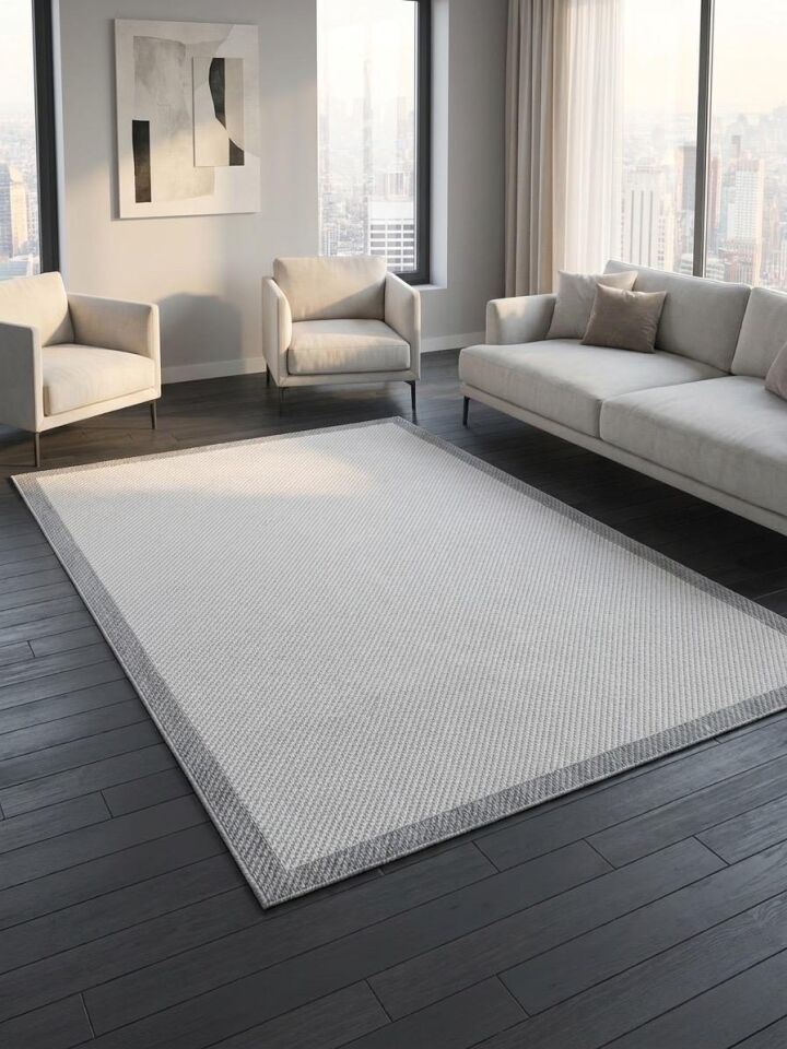 Sisal Jüt Hasır Bordürlü Model Yıkanabilir Dokuma Toz Vermez Halı 80 x 150 - Beyaz-Gri