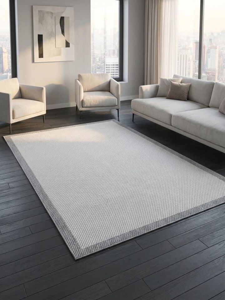 Sisal Jüt Hasır Bordürlü Model Yıkanabilir Dokuma Toz Vermez Halı Beyaz-Gri - 120 x 180
