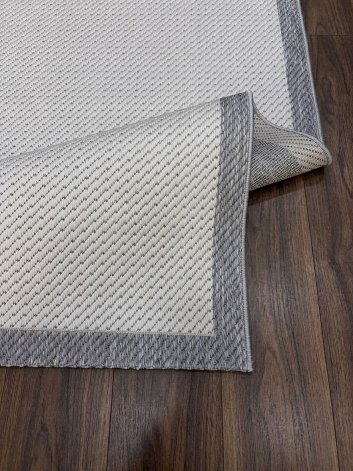 Sisal Jüt Hasır Bordürlü Model Yıkanabilir Dokuma Toz Vermez Halı Beyaz-Gri - 120 x 180