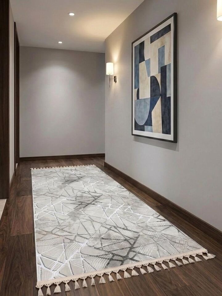 Dinar Mila Taş Gri Pon Pon Örgü Saçaklı Yıkanabilir Kaymaz Yolluk Halı Modern Desen 150 x 550 - GRİ