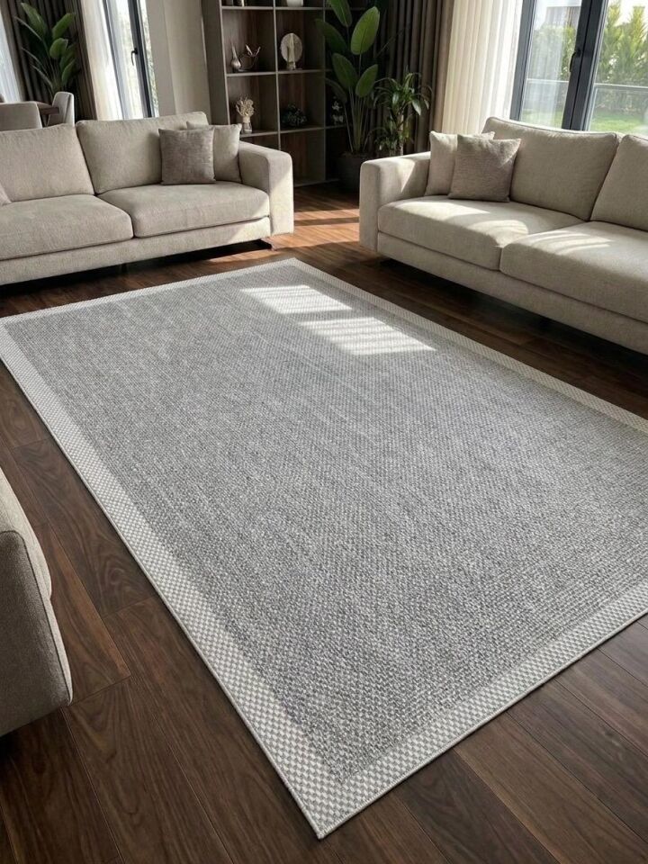 Sisal Jüt Hasır Bordürlü Model Yıkanabilir Dokuma Toz Vermez Halı Açık Gri-Krem - 200 x 290