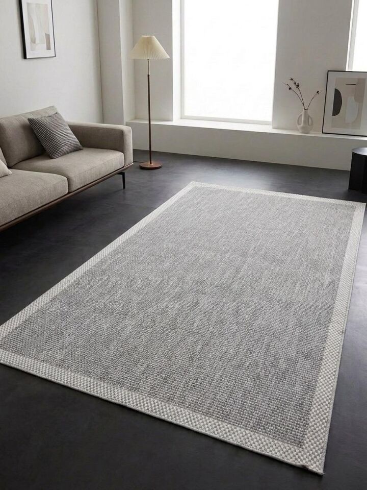 Sisal Jüt Hasır Bordürlü Model Yıkanabilir Dokuma Toz Vermez Halı Açık Gri-Krem - 200 x 290