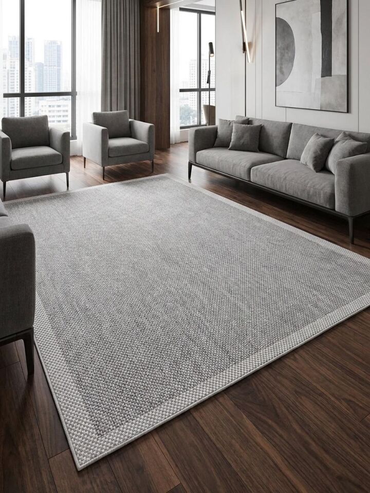 Sisal Jüt Hasır Bordürlü Model Yıkanabilir Dokuma Toz Vermez Halı Açık Gri-Krem - 200 x 290