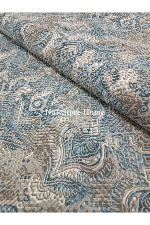 Dinar Saçaklı Diana Mavi Bej Kaymaz Taban Kesme Yolluk Halı Modern Desen 100 x 250 - Turkuaz