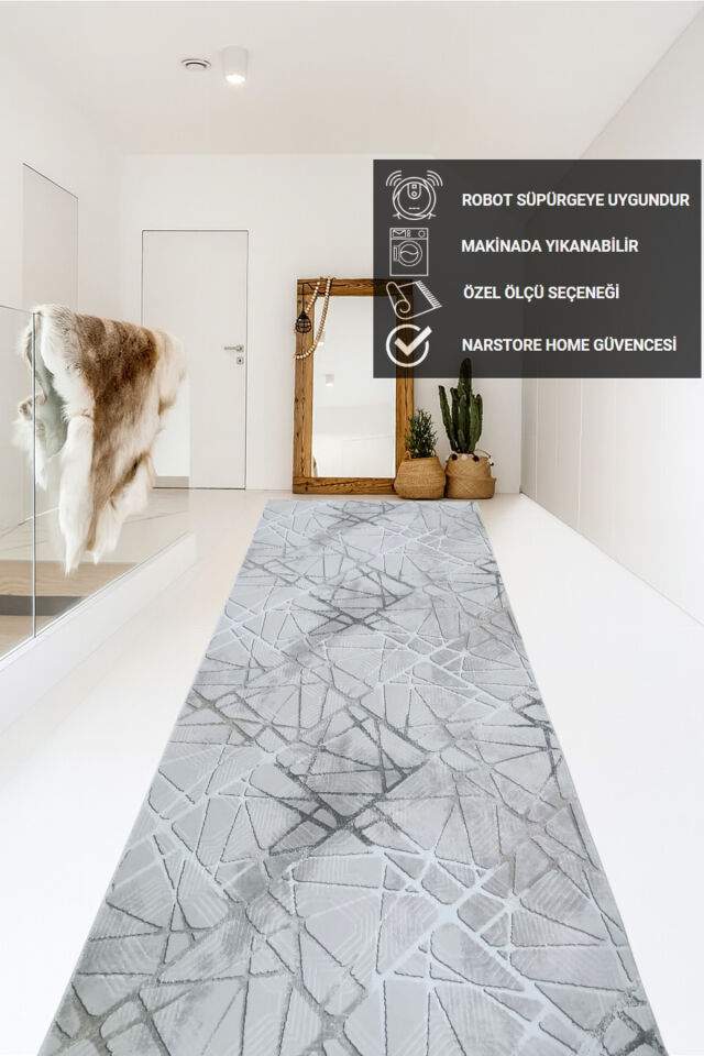 Dinar Saçaklı Mila Taş Gri Kaymaz Taban Yıkanabilir Kesme Yolluk Halı Modern Desen 120 x 150 - Gri1