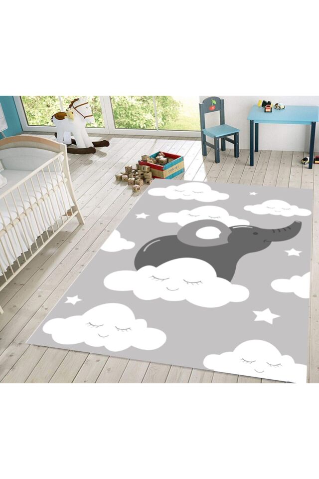 Gri Yıldızlı Bulutlu Yıkanabilir Çocuk Halısı