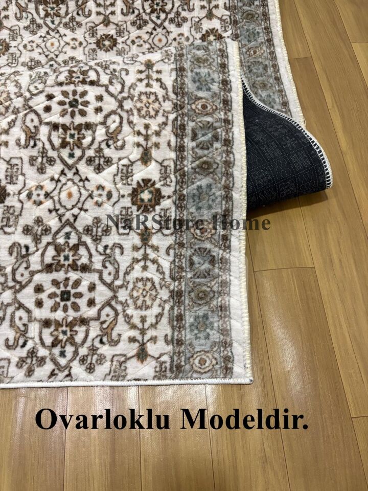 Merinos Çiçekli Otantik  Krem Kahve Yeşil Kalın Kaymaz Taban Kesme Yolluk Halı 100 x 250 - Krem-Yeşil