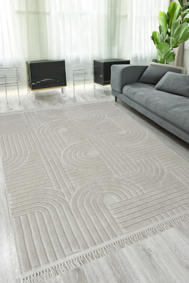 İskandinav Dokuma Bukleli Modern Geometrik Salon Halısı Mutfak Halısı 200 x 290 - GRİ
