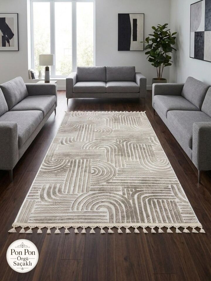 Kaymaz Taban Krem Bej Modern Desenli Yıkanabilir Saçaklı Salon Oturma Odası Mutfak Halı Yolluk