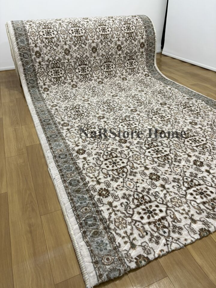 Merinos Çiçekli Otantik  Krem Kahve Yeşil Kalın Kaymaz Taban Kesme Yolluk Halı 100 x 650 - Krem-Yeşil