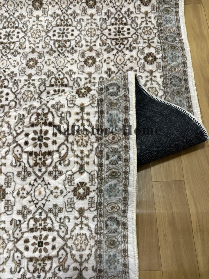 Merinos Çiçekli Otantik  Krem Kahve Yeşil Kalın Kaymaz Taban Kesme Yolluk Halı 100 x 650 - Krem-Yeşil