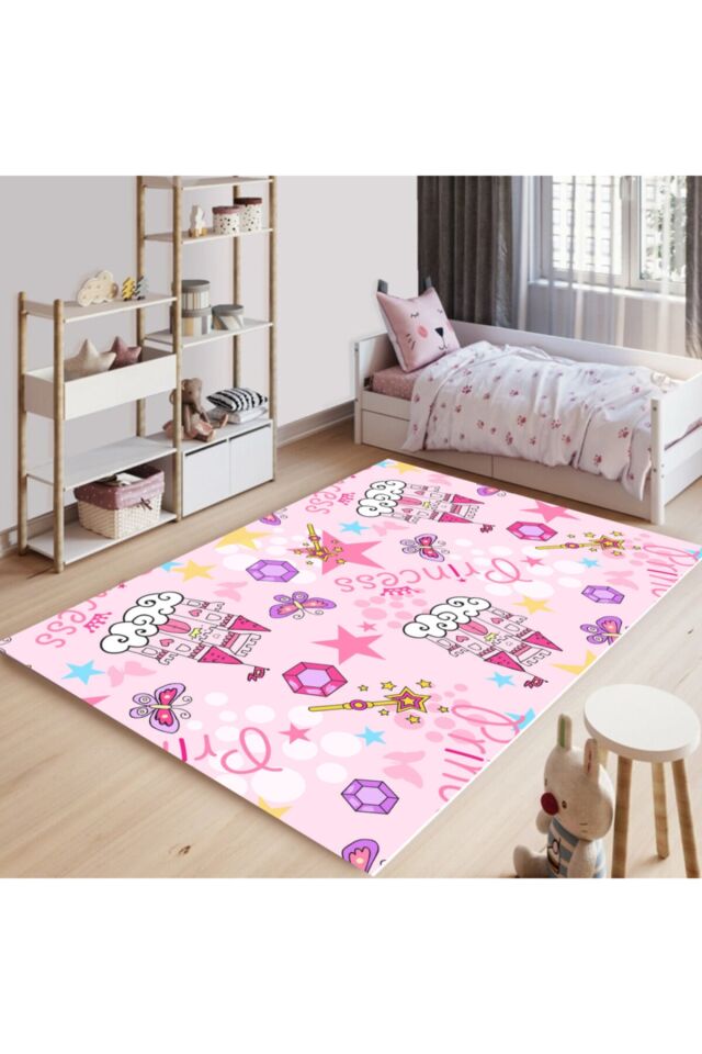 Figürlü Pembe Yıkanabilir Çocuk Halısı