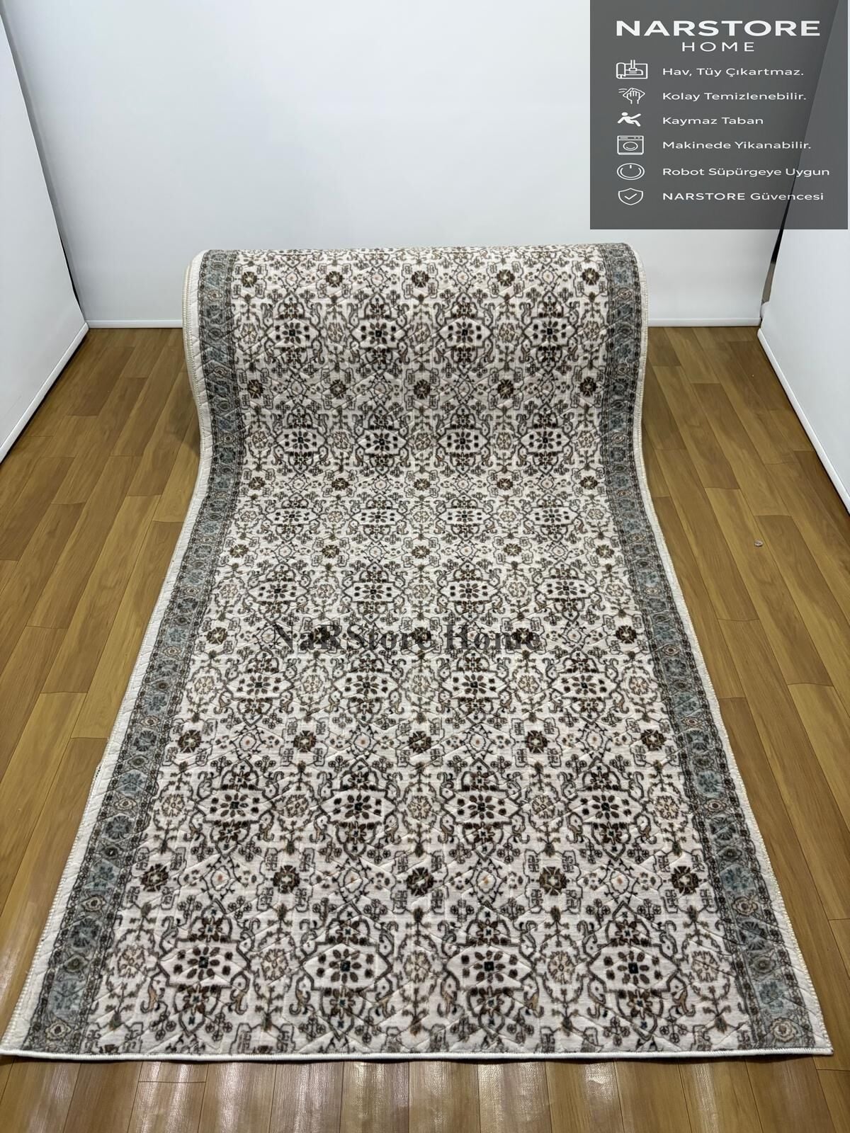 Merinos Çiçekli Otantik  Krem Kahve Yeşil Kalın Kaymaz Taban Kesme Yolluk Halı 100 x 750 - Krem-Yeşil