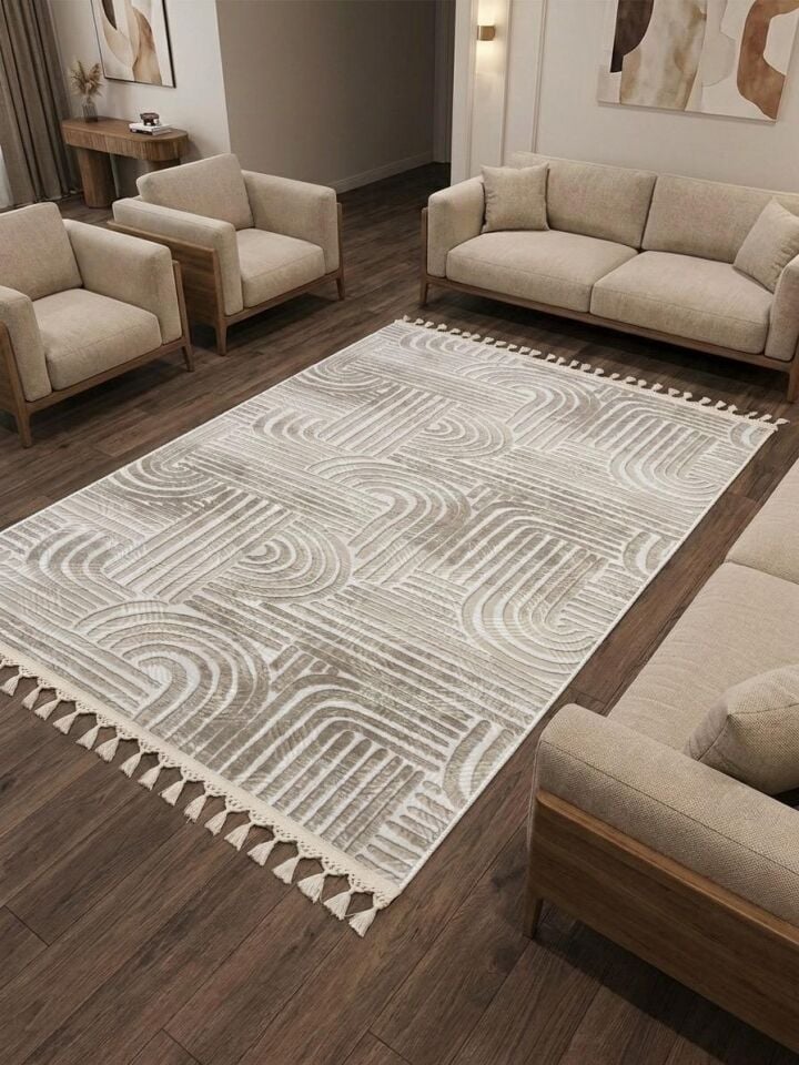 Kaymaz Taban Krem Bej Modern Desenli Yıkanabilir Saçaklı Salon Oturma Odası Mutfak Halı Yolluk 80 x 170 - BEJ