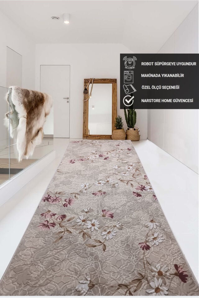ELİT KABARTMALI KREM BEJ YIKANABİLİR KAYMAZ TABAN KESME YOLLUK HALI 80 x 350 - Pembe