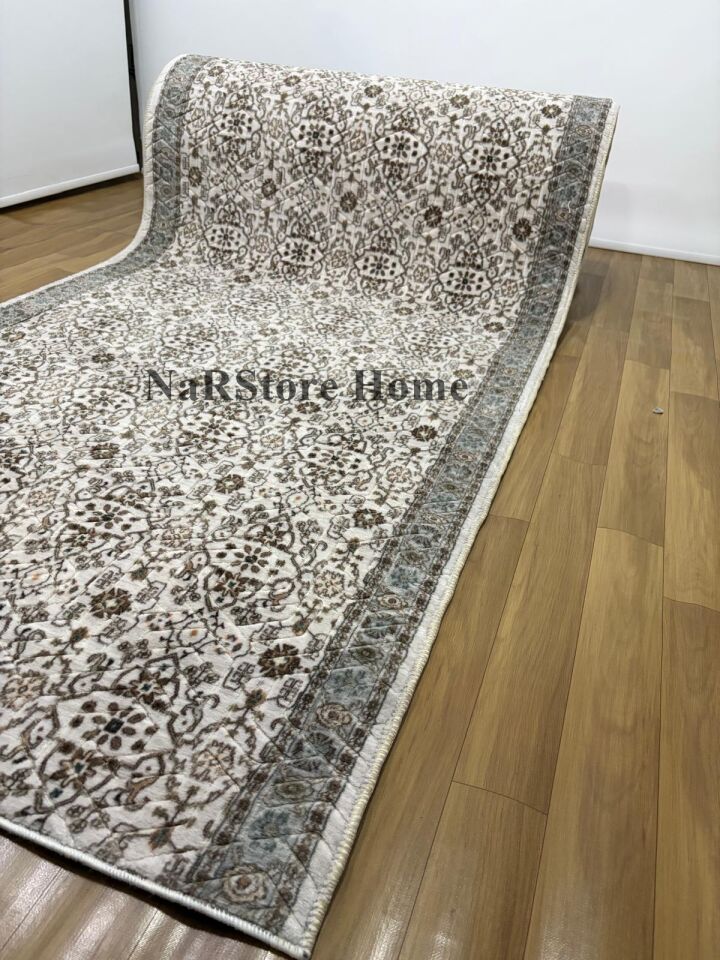 Merinos Çiçekli Otantik  Krem Kahve Yeşil Kalın Kaymaz Taban Kesme Yolluk Halı 120 x 200 - Krem-Yeşil