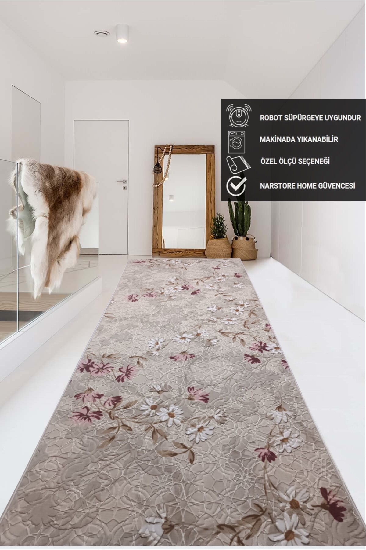 ELİT KABARTMALI KREM BEJ YIKANABİLİR KAYMAZ TABAN KESME YOLLUK HALI 100 x 150 - Pembe