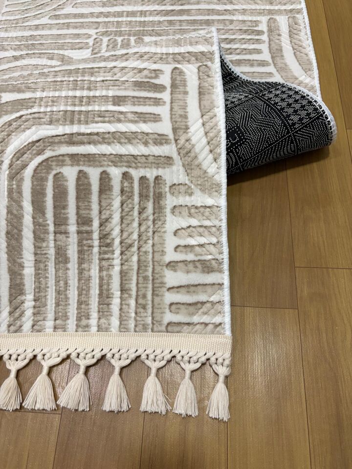 Kaymaz Taban Krem Bej Modern Desenli Yıkanabilir Saçaklı Salon Oturma Odası Mutfak Halı Yolluk 80 x 450 - BEJ