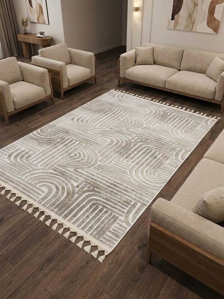 Kaymaz Taban Krem Bej Modern Desenli Yıkanabilir Saçaklı Salon Oturma Odası Mutfak Halı Yolluk 80 x 475 - BEJ