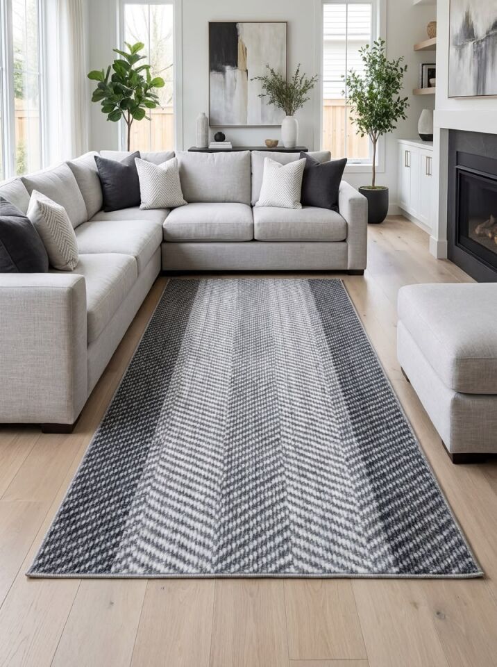 Gri Bordürlü Geometrik Kalın Kaymaz Taban Kesme Yolluk Salon Oturma Odası Mutfak Halı 100 x 950 - GRİ