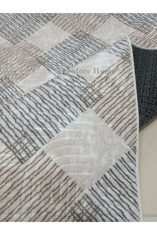 Geometrik Desen Saçaklı Kahverengi Krem Kaymaz Taban Yıkanabilir Kesme Yolluk Halı Bej - 80 X 150