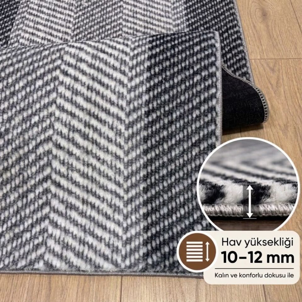 Gri Bordürlü Geometrik Kalın Kaymaz Taban Kesme Yolluk Salon Oturma Odası Mutfak Halı 120 x 600 - GRİ
