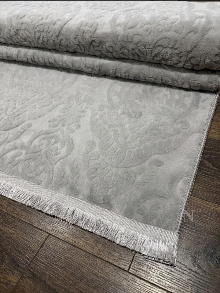 Rölyef Gri Joy Saçaklı Modern Yumuşak Kabartmalı Kaymaz Taban Kesme Halı Yolluk 200 x 550 - GRİ