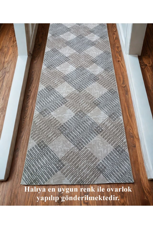Geometrik Desen Saçaklı Kahverengi Krem Kaymaz Taban Yıkanabilir Kesme Yolluk Halı Bej - 120 X 500