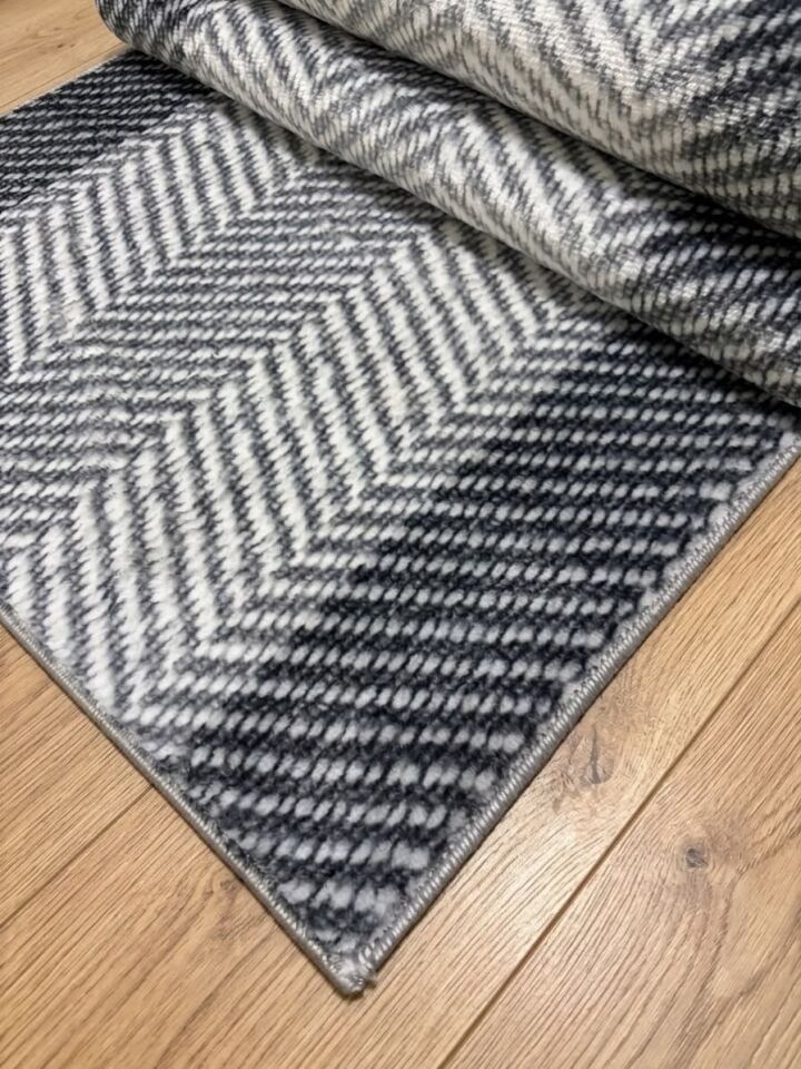 Gri Bordürlü Geometrik Kalın Kaymaz Taban Kesme Yolluk Salon Oturma Odası Mutfak Halı 200 x 275 - GRİ