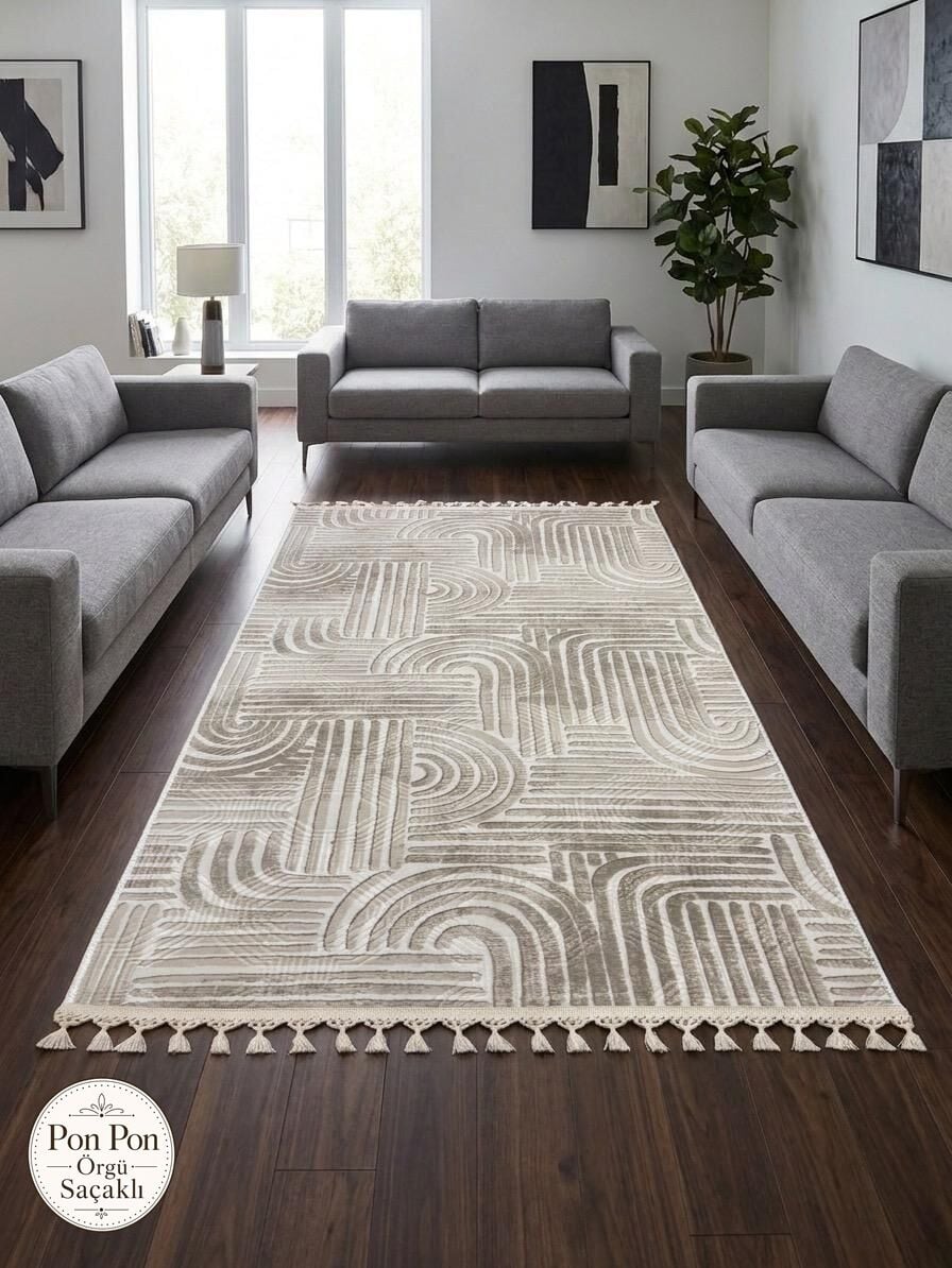 Kaymaz Taban Krem Bej Modern Desenli Yıkanabilir Saçaklı Salon Oturma Odası Mutfak Halı Yolluk 120 x 750 - BEJ