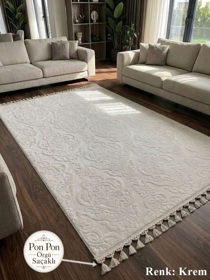 Krem Kaymaz Taban Pon Pon Saçaklı Yıkanabilir Salon Halısı Mutfak Halısı Yolluk