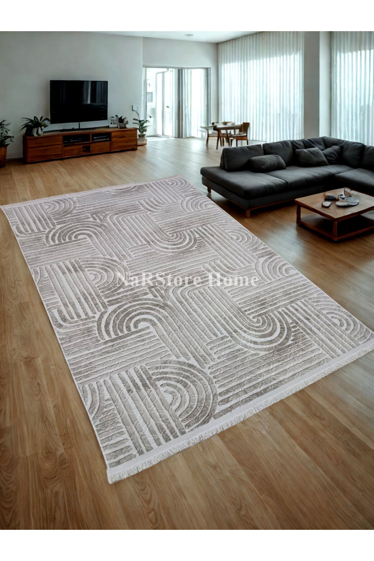 ELİT OSSO GRİ BEYAZ SAÇAKLI KABARTMALI KAYMAZ TABAN YIKANABİLİR KESME YOLLUK HALI 120 x 450 - Krem
