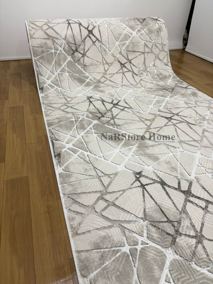 Dinar Saçaklı Mila Taş Gri Kaymaz Taban Yıkanabilir Kesme Yolluk Halı Modern Desen 120 x 450 - Gri2