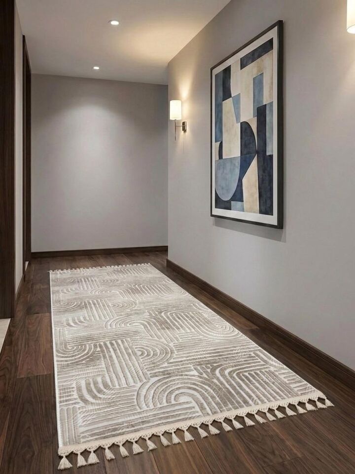 Kaymaz Taban Krem Bej Modern Desenli Yıkanabilir Saçaklı Salon Oturma Odası Mutfak Halı Yolluk 150 x 230 - BEJ