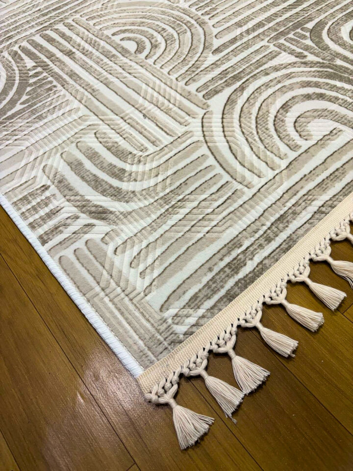 Kaymaz Taban Krem Bej Modern Desenli Yıkanabilir Saçaklı Salon Oturma Odası Mutfak Halı Yolluk 150 x 230 - BEJ