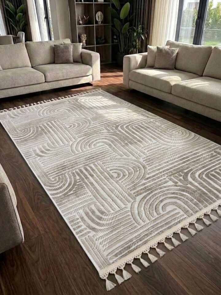 Kaymaz Taban Krem Bej Modern Desenli Yıkanabilir Saçaklı Salon Oturma Odası Mutfak Halı Yolluk 150 x 300 - BEJ