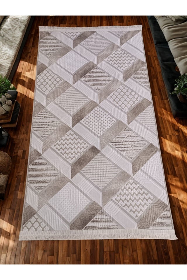 Dinar Motif Bej Kahverengi Kaymaz Taban Kesme Yolluk Halı Modern Desen 120 x 900 - BEJ