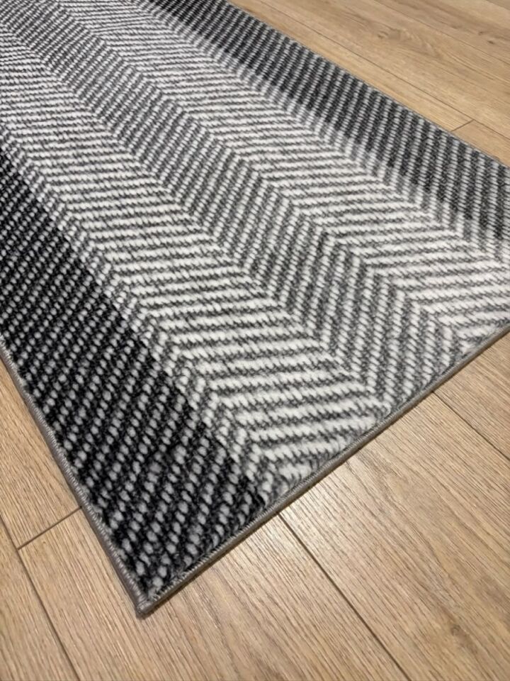 Gri Bordürlü Geometrik Kalın Kaymaz Taban Kesme Yolluk Salon Oturma Odası Mutfak Halı 80 x 450 - GRİ
