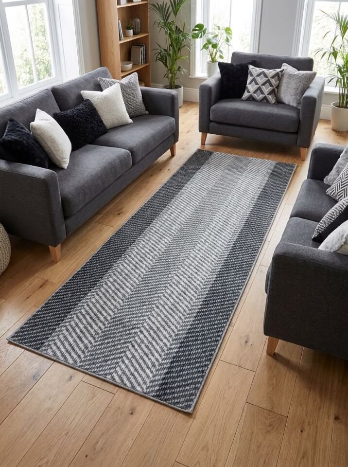 Gri Bordürlü Geometrik Kalın Kaymaz Taban Kesme Yolluk Salon Oturma Odası Mutfak Halı 80 x 475 - GRİ