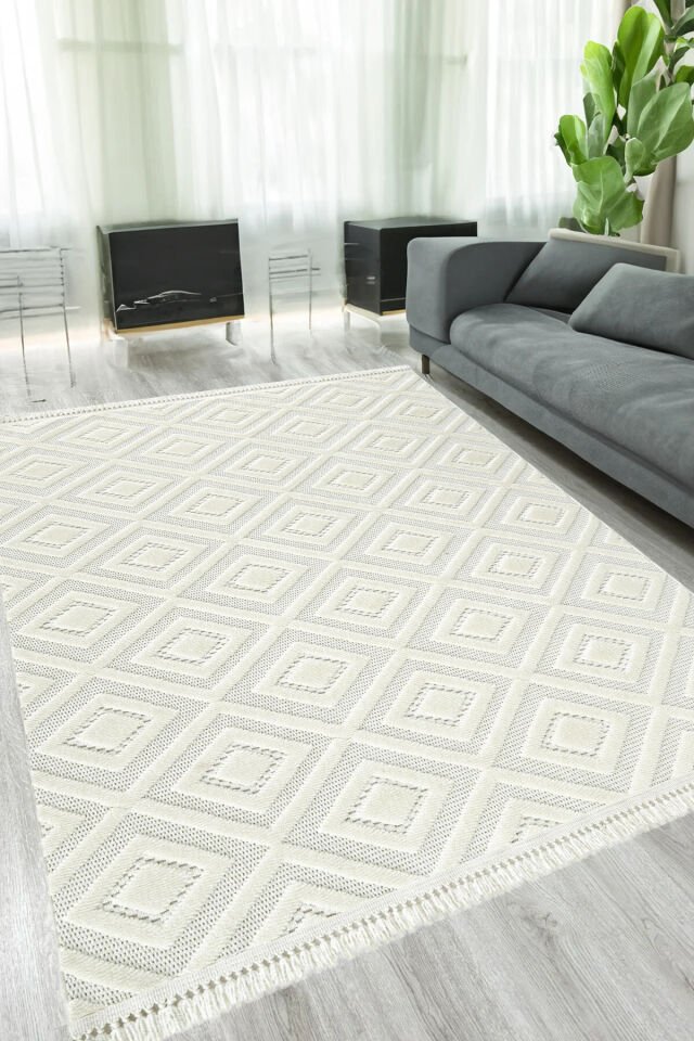 İskandinav Dokuma Bukleli Modern Geometrik Salon Halısı Mutfak Halısı Krem - 200 x 290